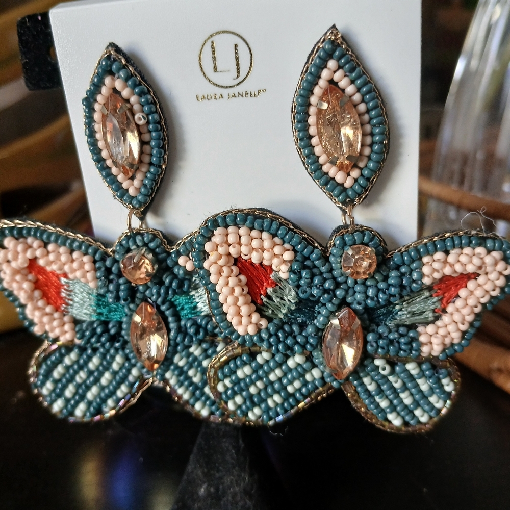 Laura Janelle Beaded Rhinestone Butterfly Earrings NEW